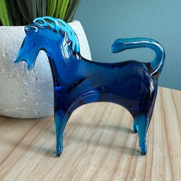 Vintage MCM Rainbow Art Glass Cobalt Blue Hand Blown Horse Figurine 1950's - Picture 1 of 10